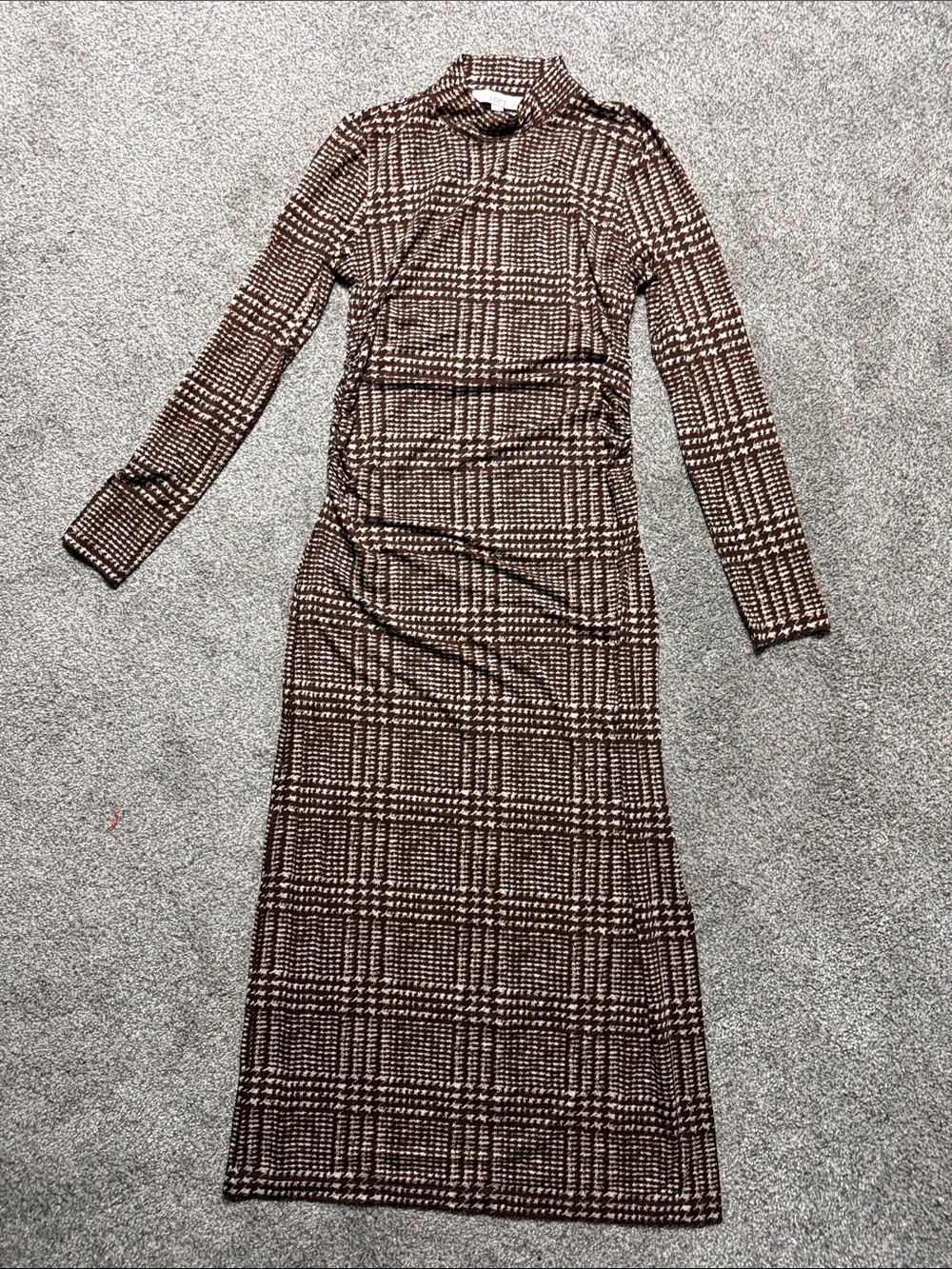 LOFT Brown and Cream Plaid Long Sleeve Maxi Dress